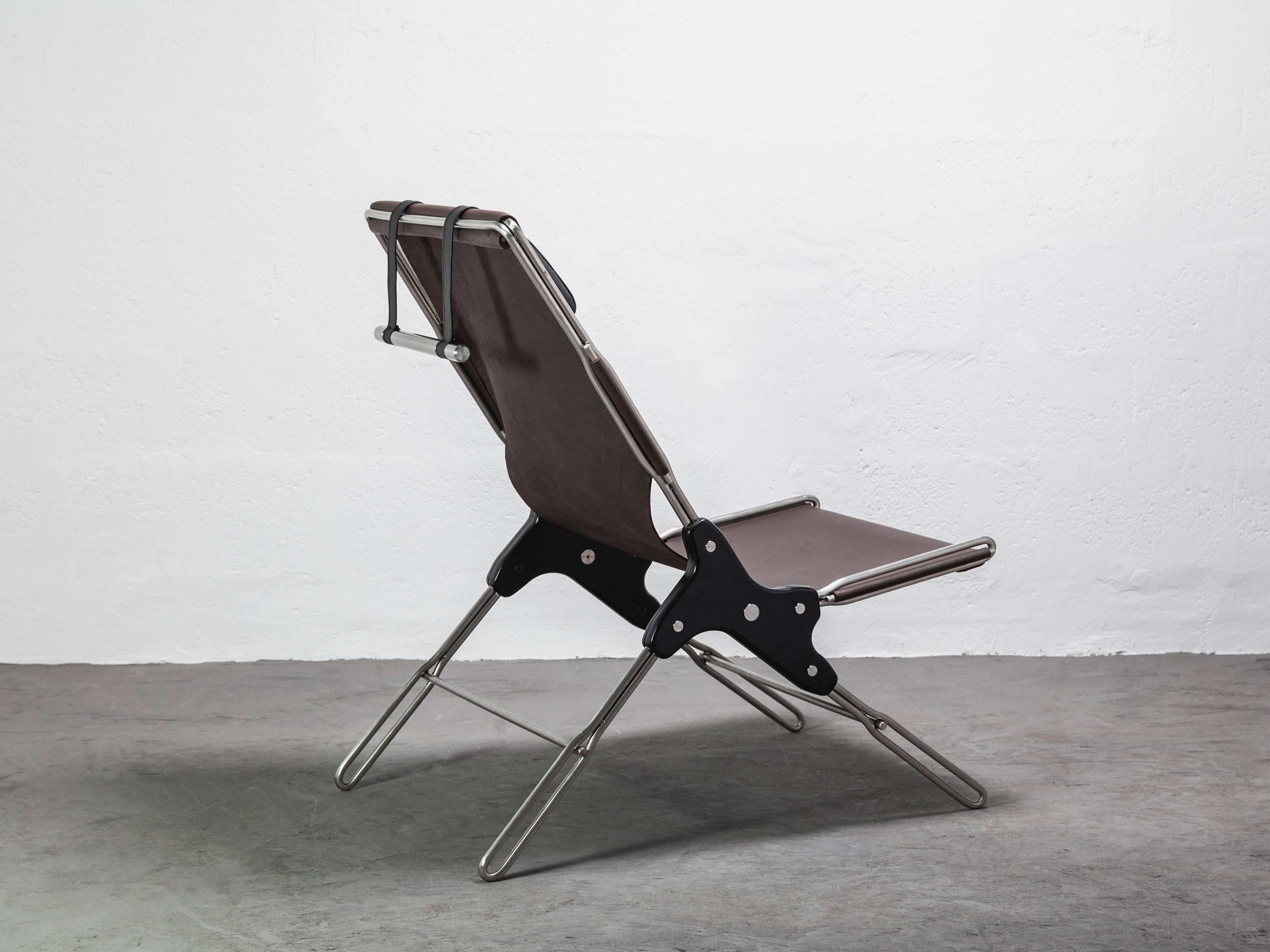 PERFIDIA_01 Sling Lounge Chair aus braunem dickem Leder und Edelstahl von ANDEAN (Handgefertigt) im Angebot