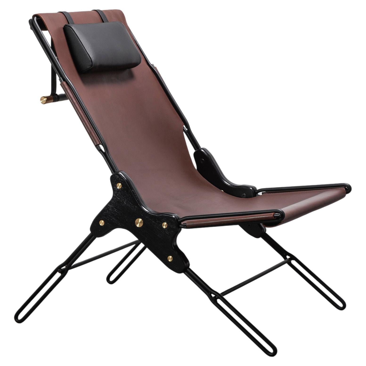 PERFIDIA_01 Cognac Thick Leather Sling Lounge Chair in Black Steel by ANDEAN