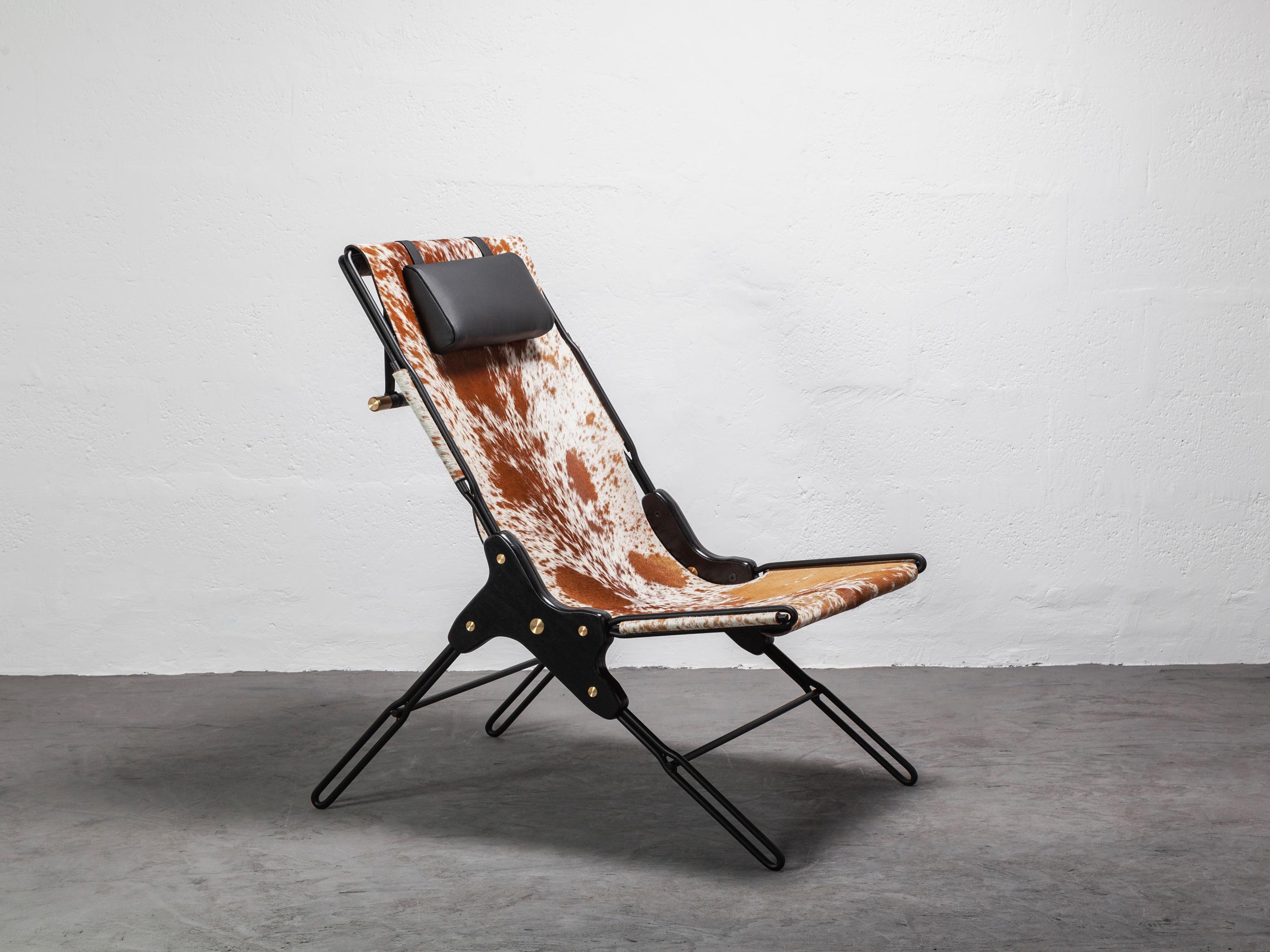 One-of-a-kind lounge chair made of steel rod structure and solid colorado wood with a natural oil finish, Ecuadorian sustainable cowhide leather seat, and lathed bronze or stainless steel hardware.

The first Perfidia collection, composed of 4
