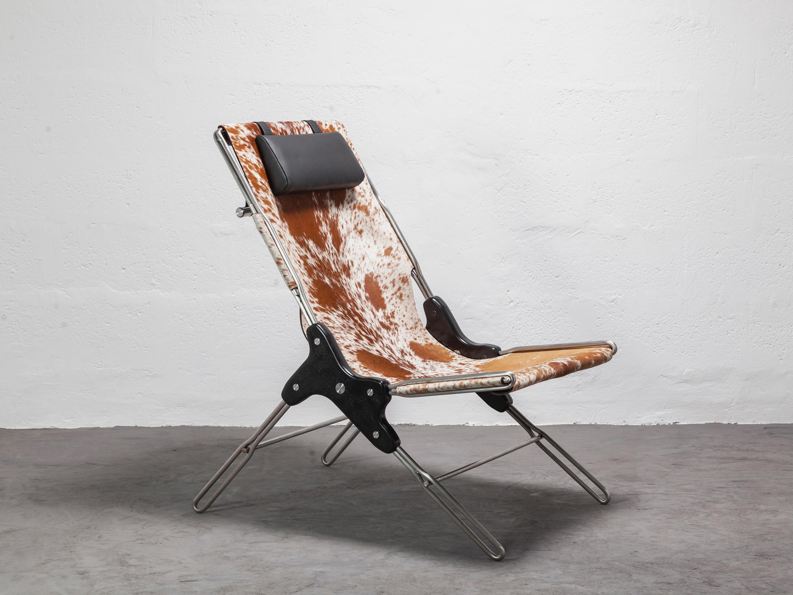 One-of-a-kind lounge chair made of stainless steel rod structure and solid colorado wood with a natural oil finish, Ecuadorian cowhide leather seat, and lathed bronze or stainless steel hardware.

The first Perfidia collection, composed of 4 pieces