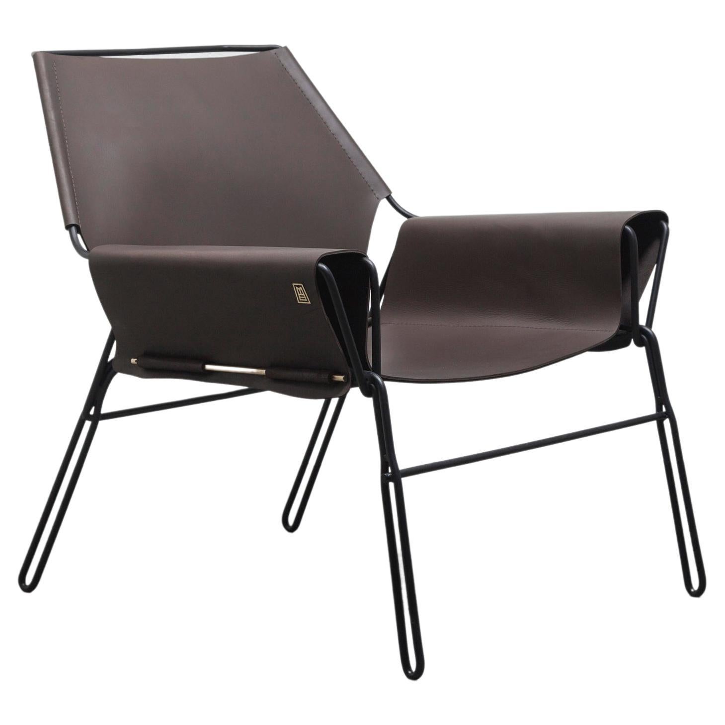 PERFIDIA_02 Brown Thick Leather Sling Lounge Chair in Black Steel by ANDEAN