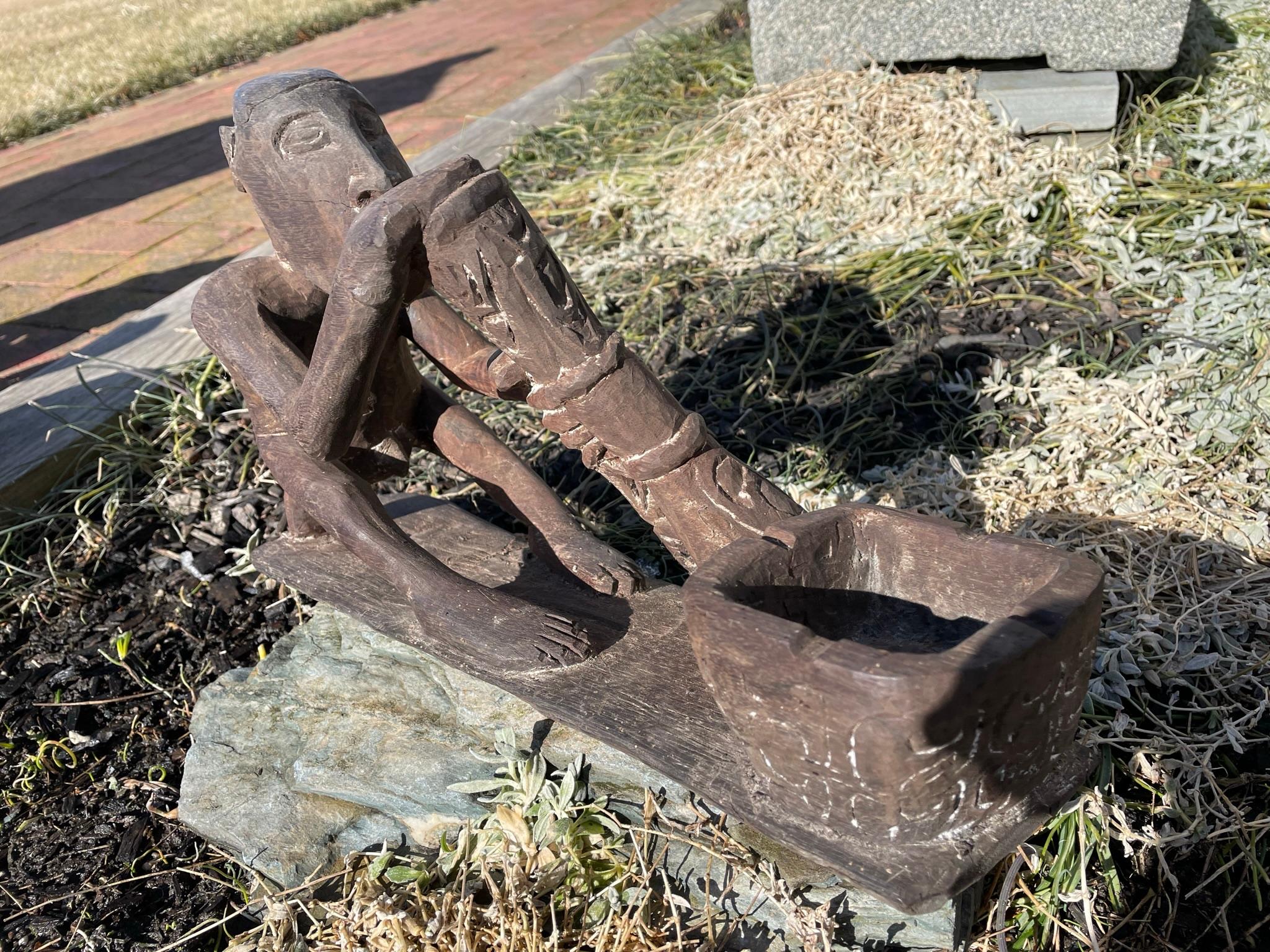 Indonesian Asmat Drum Player Hand Carved Offering Sculpture