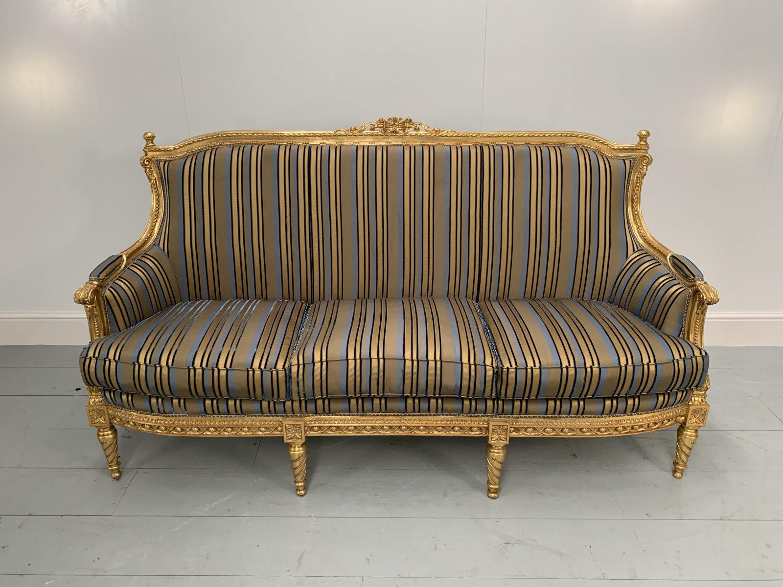 Asnaghi Baroque Rococo Fauteuil Sofa & 4 Armchair Suite in Stripe Silk and Gilt 2