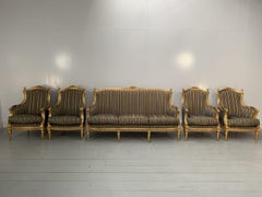 Asnaghi Baroque Rococo Fauteuil Sofa & 4 Armchair Suite in Stripe Silk and Gilt