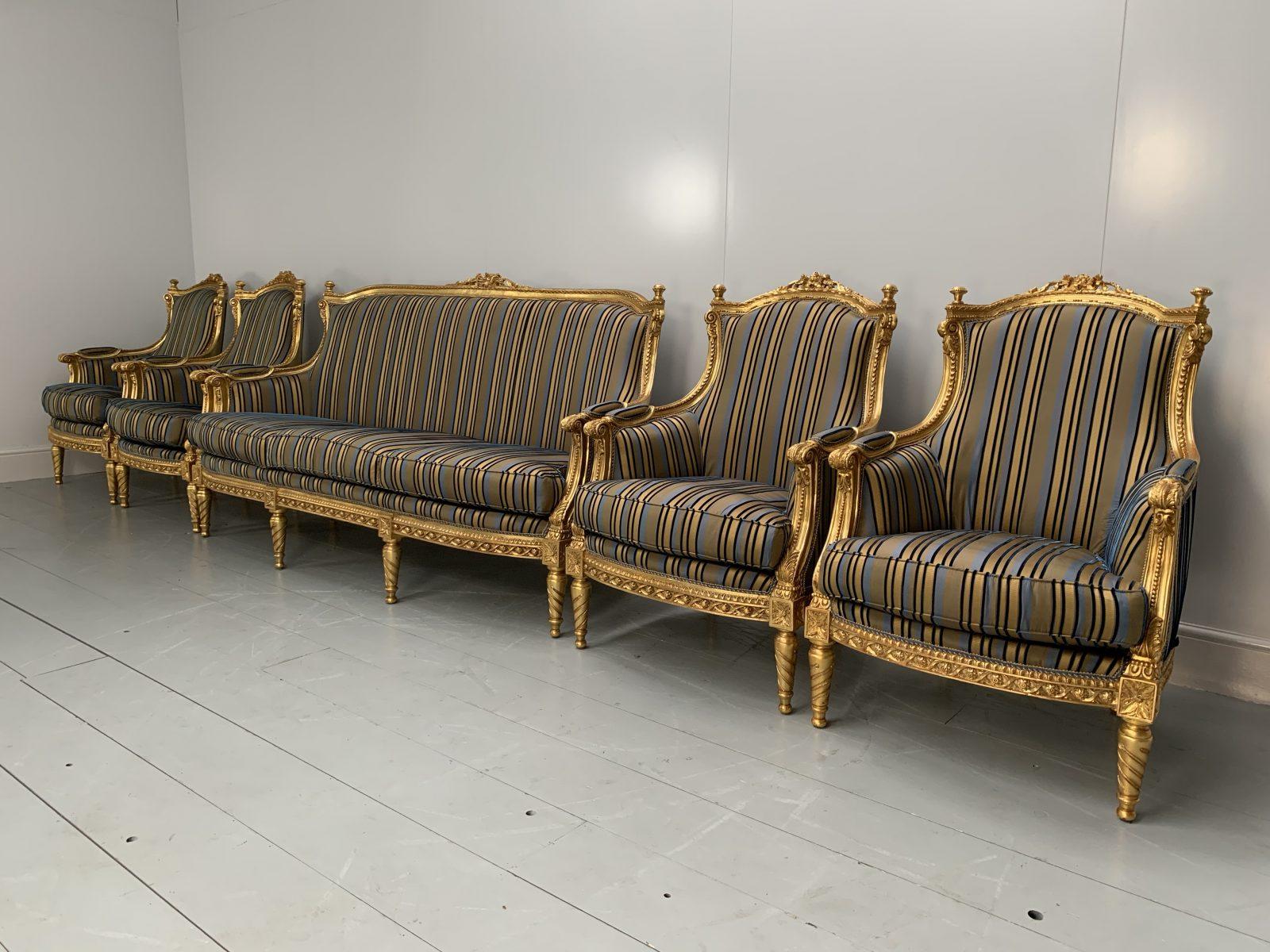 Italian Asnaghi Baroque Rococo Fauteuil Sofa & 4 Armchair Suite in Stripe Silk and Gilt