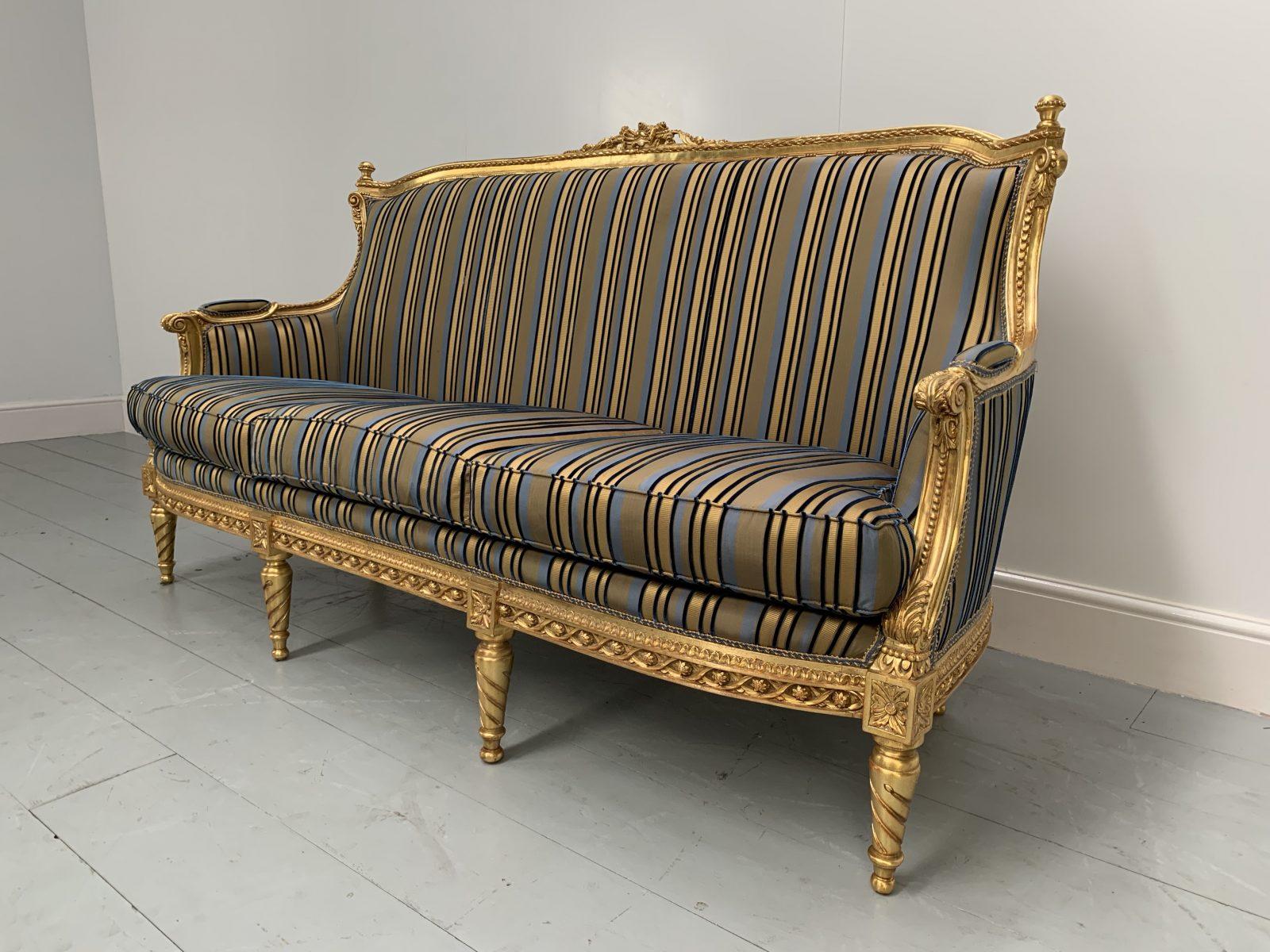 Hand-Crafted Asnaghi Baroque Rococo Fauteuil Sofa & 4 Armchair Suite in Stripe Silk and Gilt