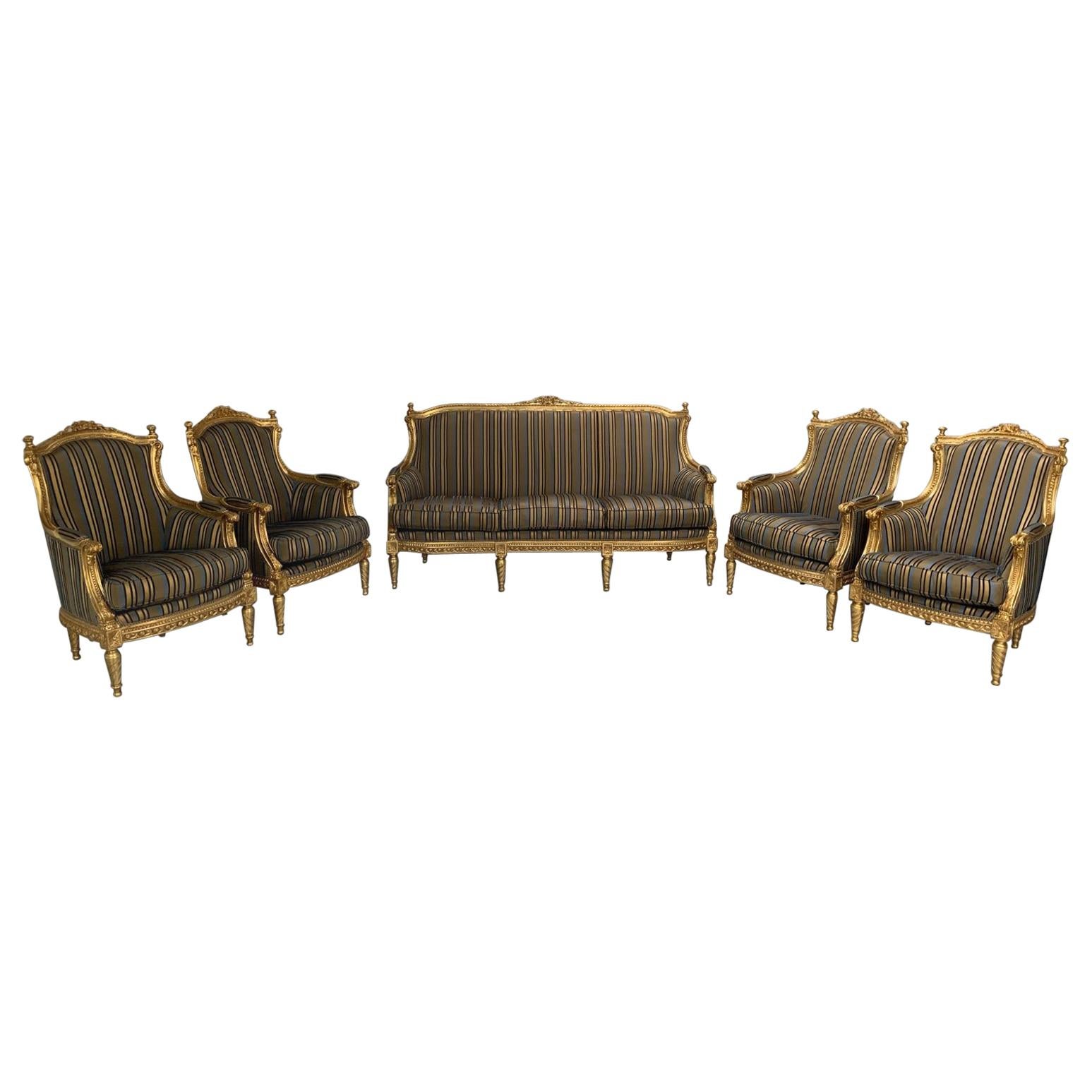 Asnaghi Baroque Rococo Fauteuil Sofa & 4 Armchair Suite in Stripe Silk and Gilt