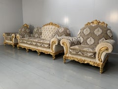 Asnaghi Baroque Rococo Sofa & 2 Armchair Suite in Silk Damask and Gilt