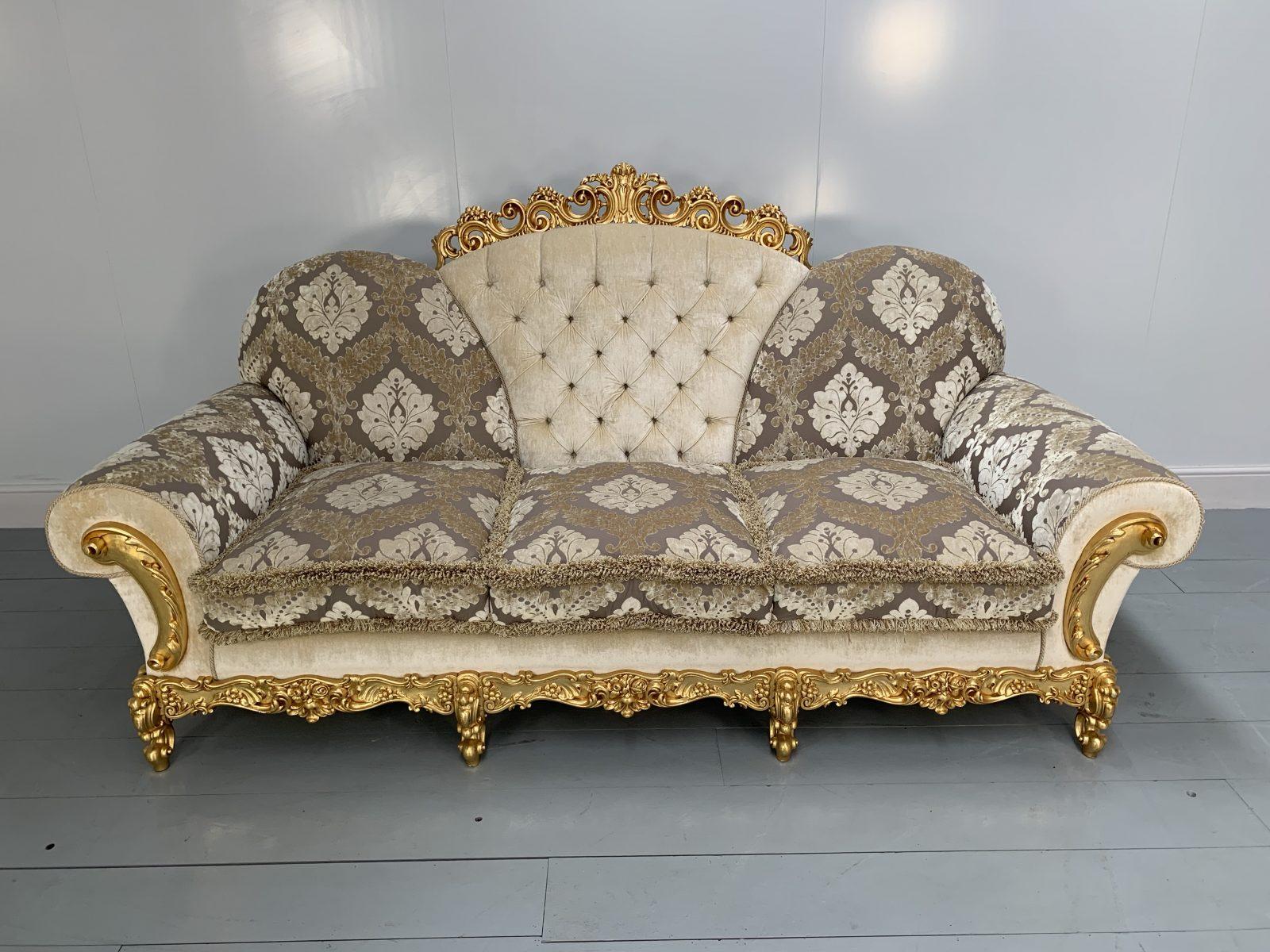 Contemporary Asnaghi Baroque Rococo Sofa & 2 Armchair Suite in Silk Damask and Gilt