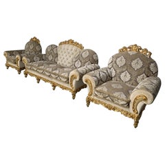 Asnaghi Baroque Rococo Sofa & 2 Armchair Suite in Silk Damask and Gilt
