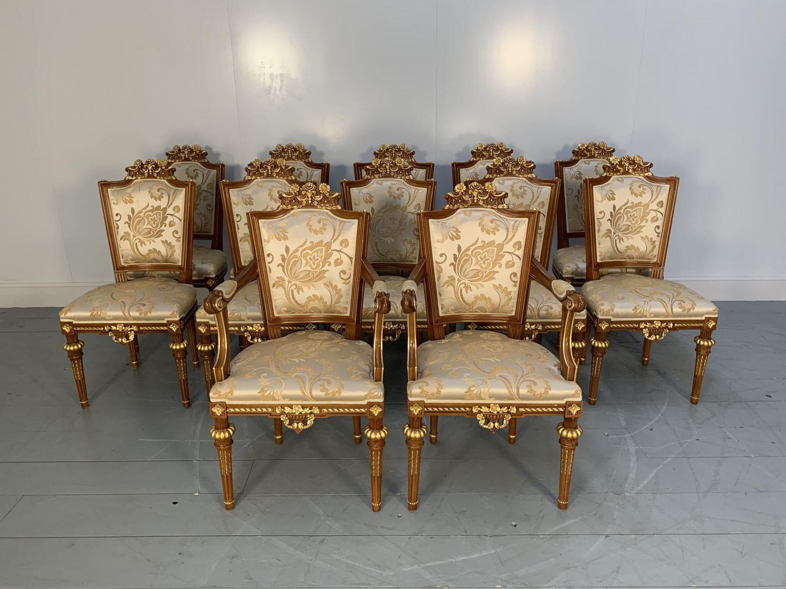 Contemporary Asnaghi “Eubea” Dining Table and 12 Chair Suite in Harwood, Gilt and Silk For Sale