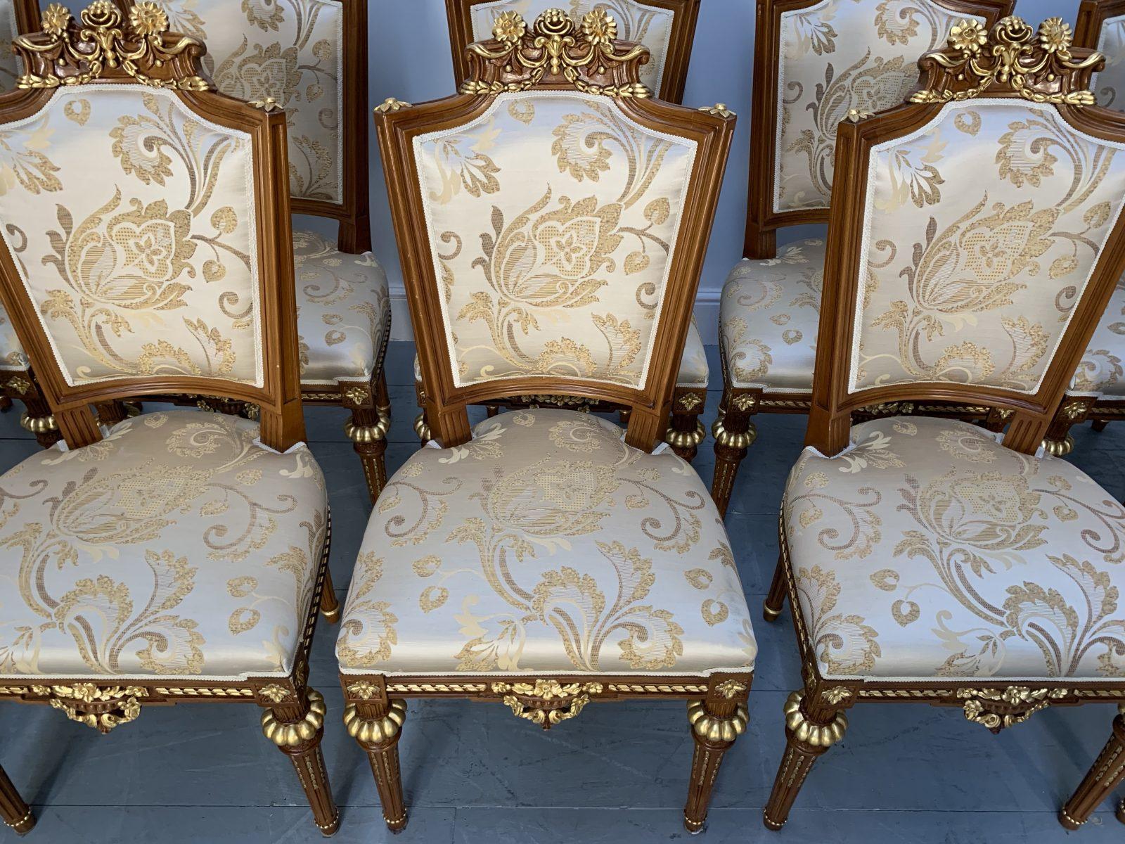 Wood Asnaghi “Eubea” Dining Table and 12 Chair Suite in Harwood, Gilt and Silk For Sale