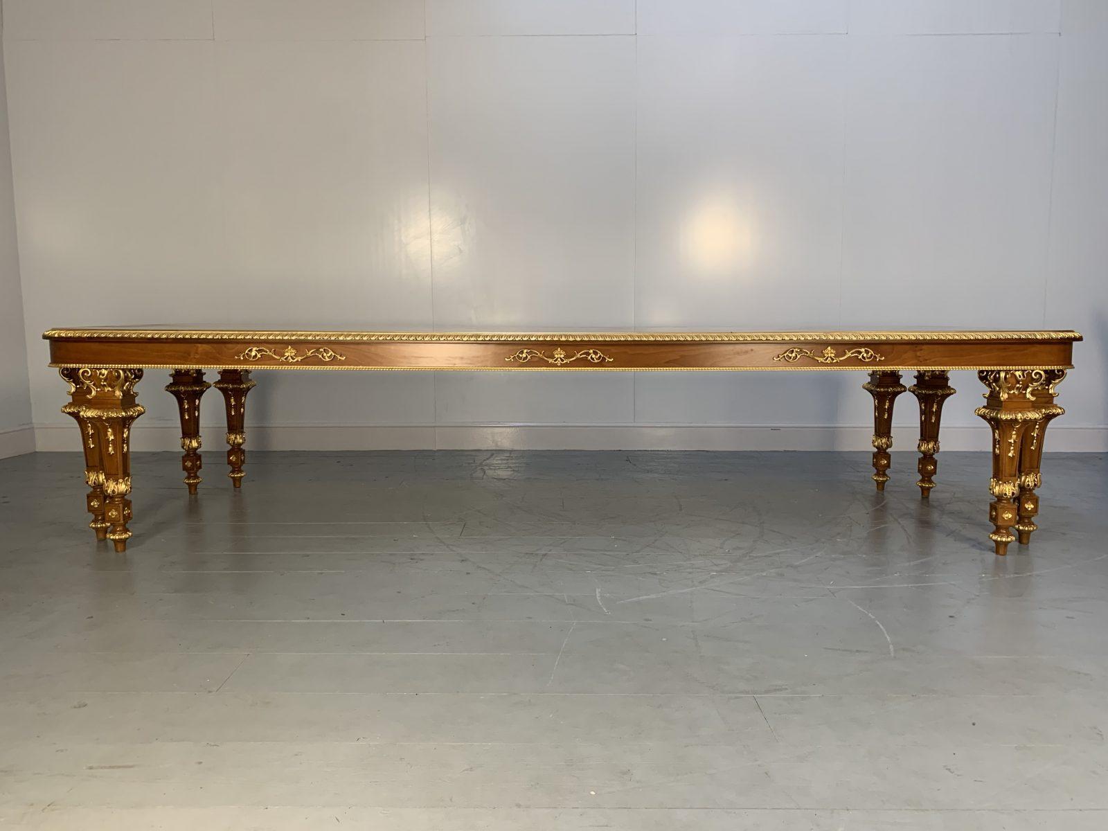 Italian Asnaghi “Eubea” Dining Table and 12 Chair Suite in Harwood, Gilt and Silk For Sale