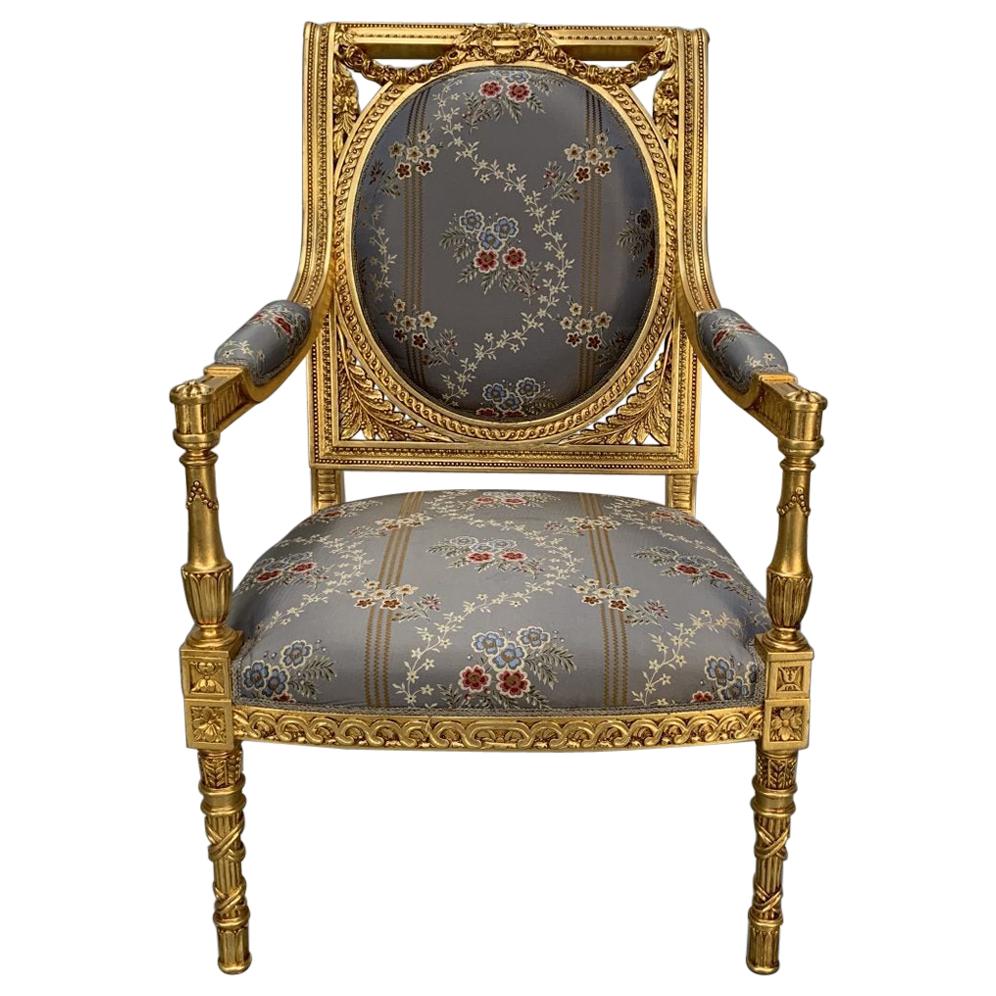 Asnaghi Fauteuil Baroque Rococo Armchair in Floral Silk and Gilt