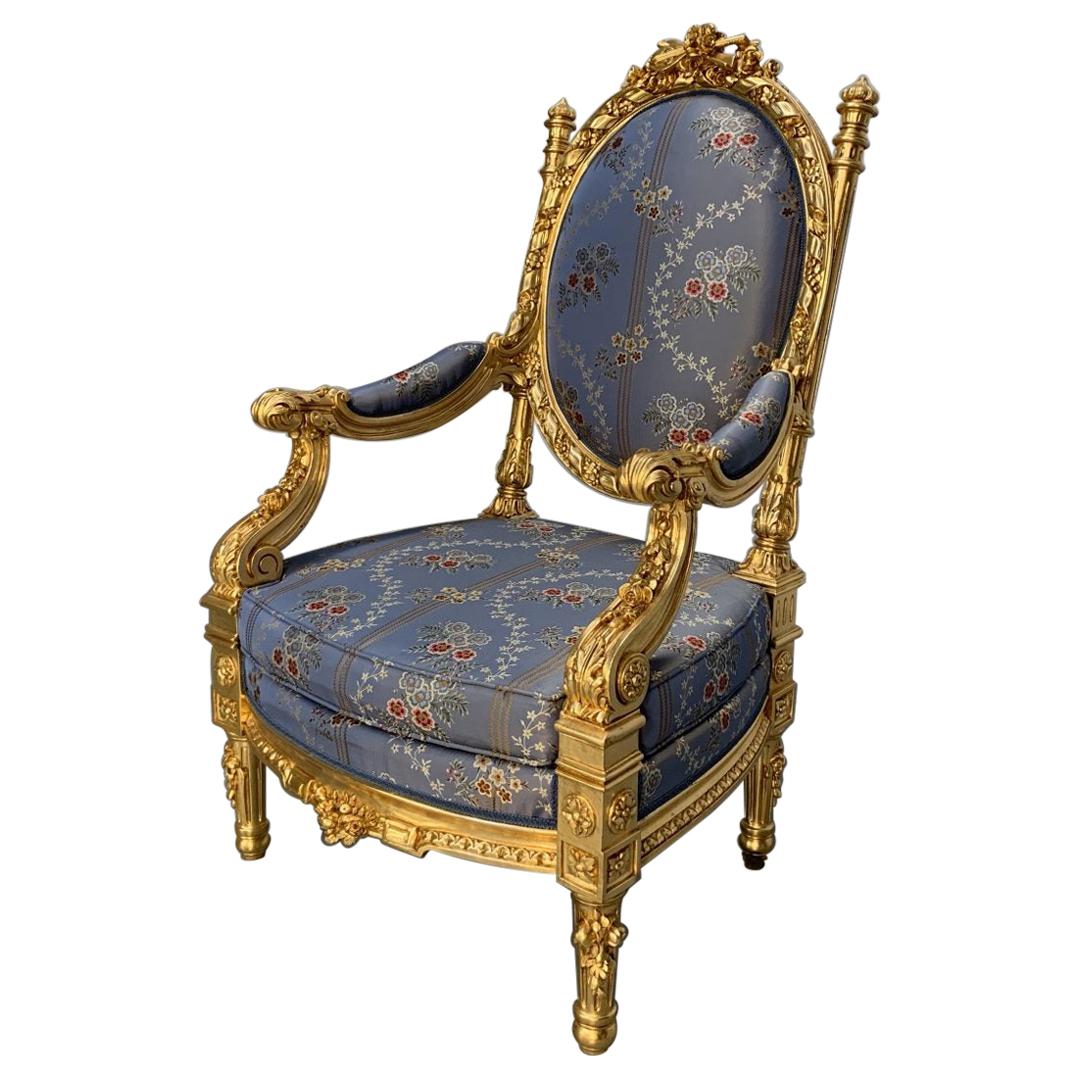 Asnaghi Fauteuil Baroque Rococo Armchair in Floral Silk and Gilt For Sale