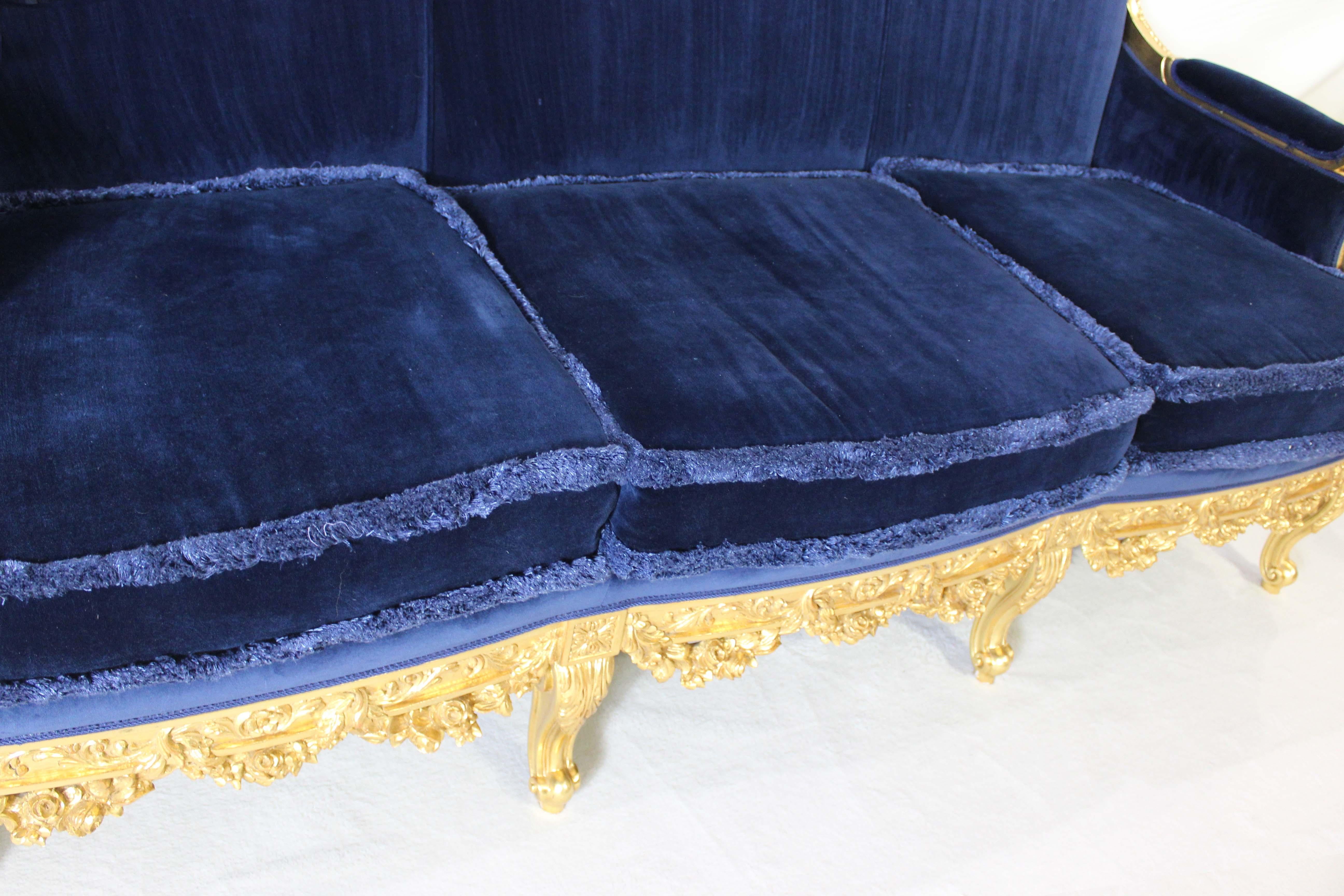 Asnaghi Suite of 2 Settee and 2 Chairs, Upholstered Royal Blue Velvet For Sale 7