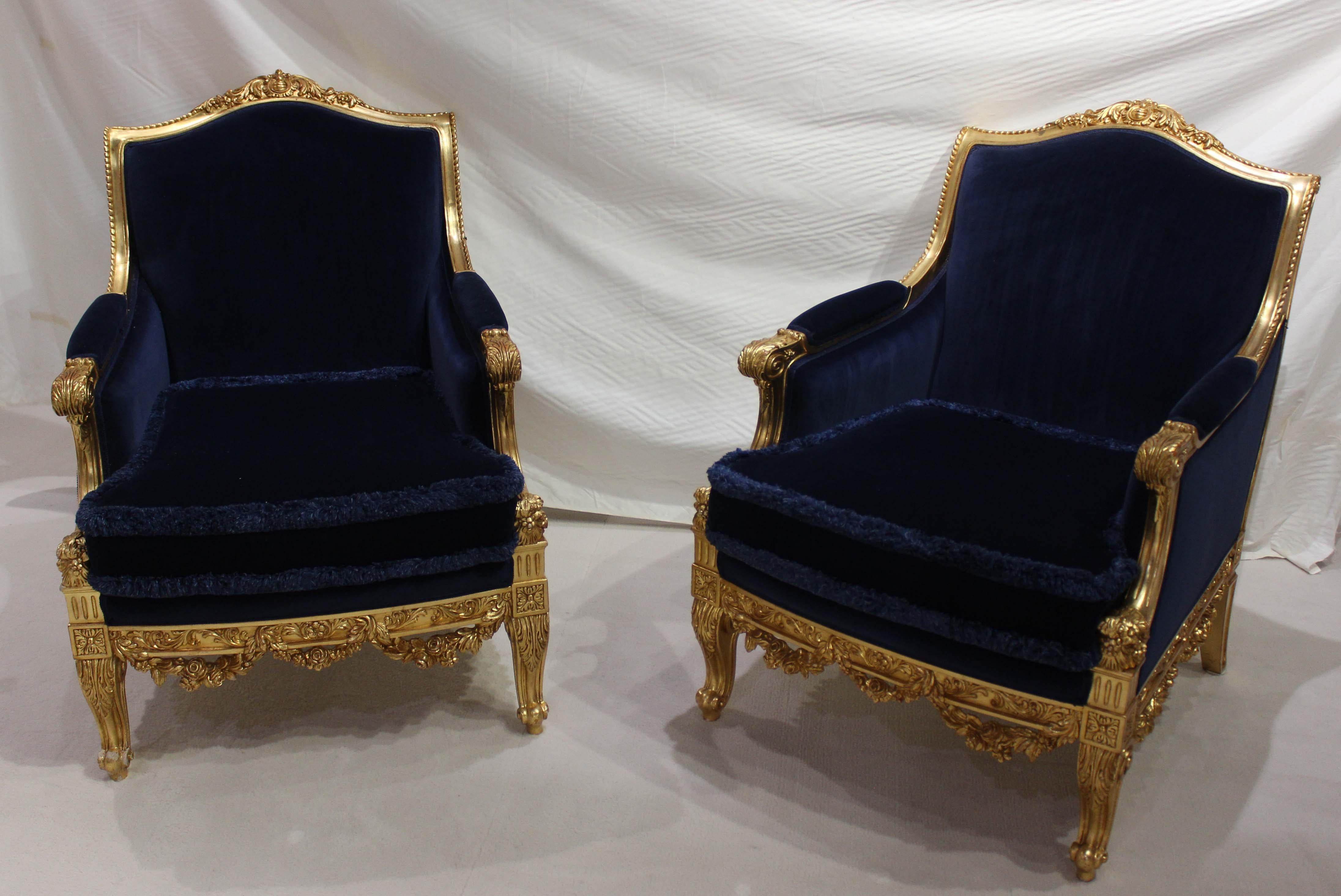 Asnaghi Suite of 2 Settee and 2 Chairs, Upholstered Royal Blue Velvet For Sale 8