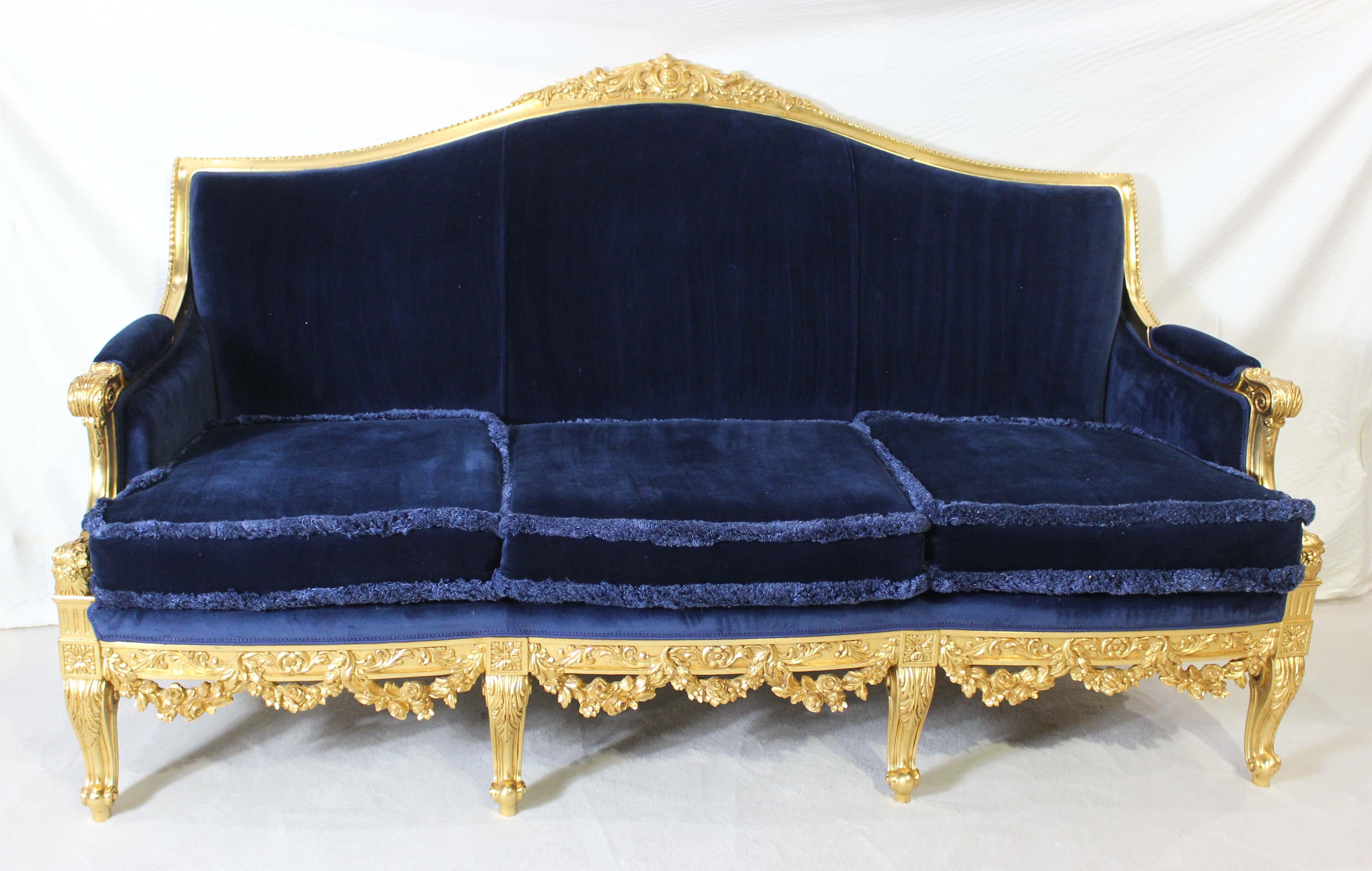 Asnaghi Suite of 2 Settee and 2 Chairs, Upholstered Royal Blue Velvet In Excellent Condition For Sale In Palm Beach, FL