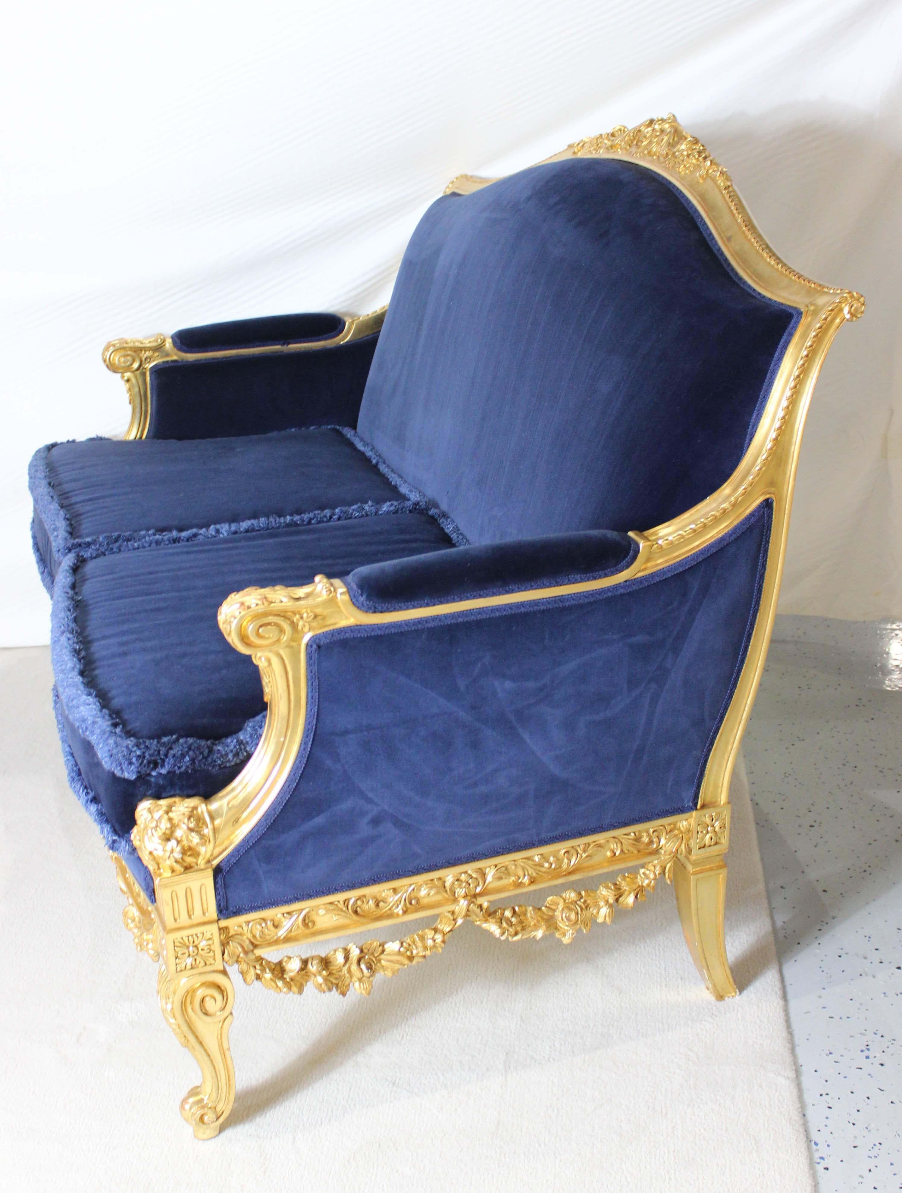 20th Century Asnaghi Suite of 2 Settee and 2 Chairs, Upholstered Royal Blue Velvet For Sale