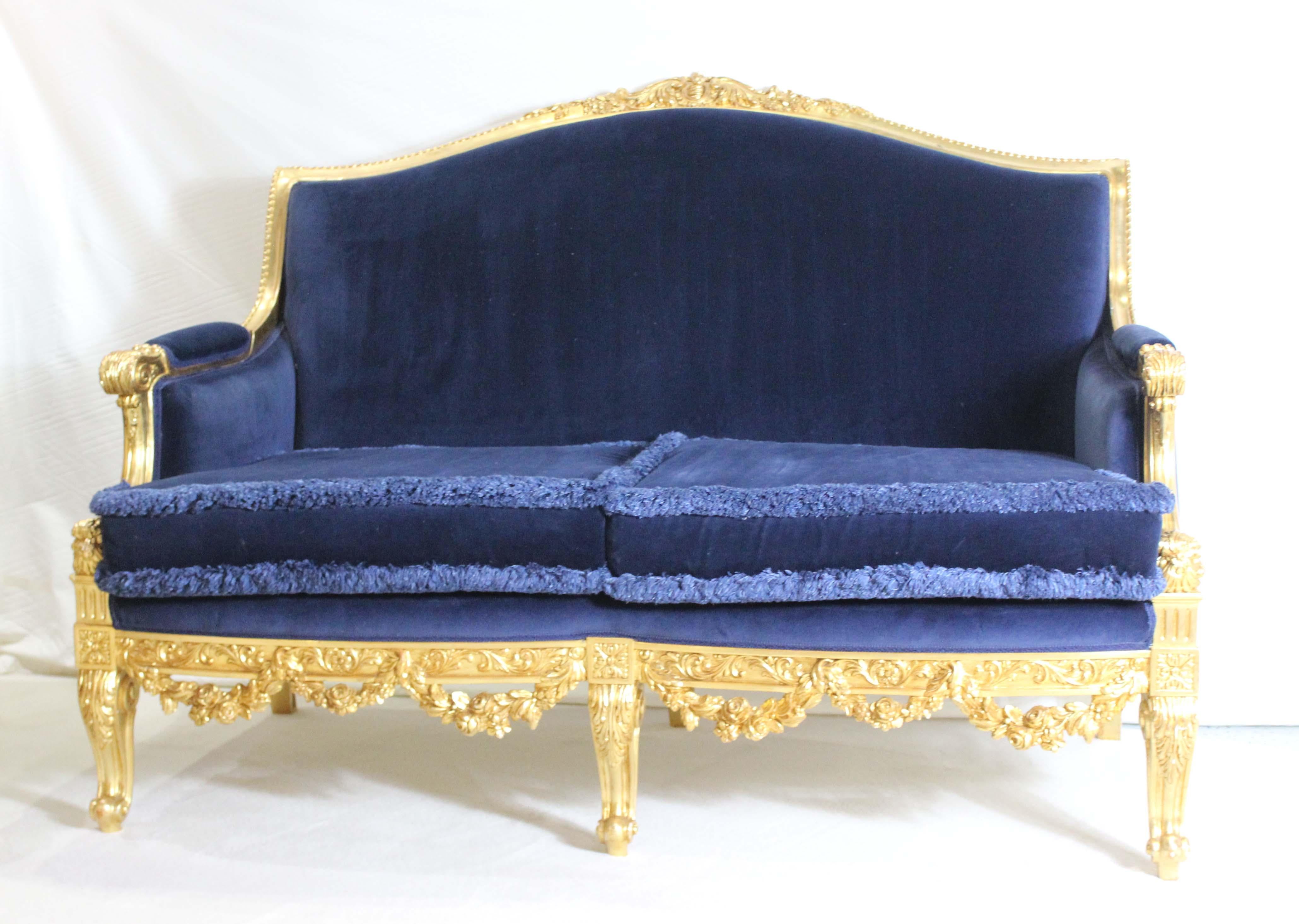Beech Asnaghi Suite of 2 Settee and 2 Chairs, Upholstered Royal Blue Velvet For Sale