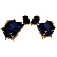 Asnaghi Suite of 2 Settee and 2 Chairs, Upholstered Royal Blue Velvet