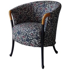 Vintage Asnago Italian Rare Floral Fabric Beechwood Armchair with Black Lacquered Legs