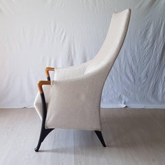 Asnago White Fabric Beechwood Italian Bergere Chair with Black Lacquered Legs