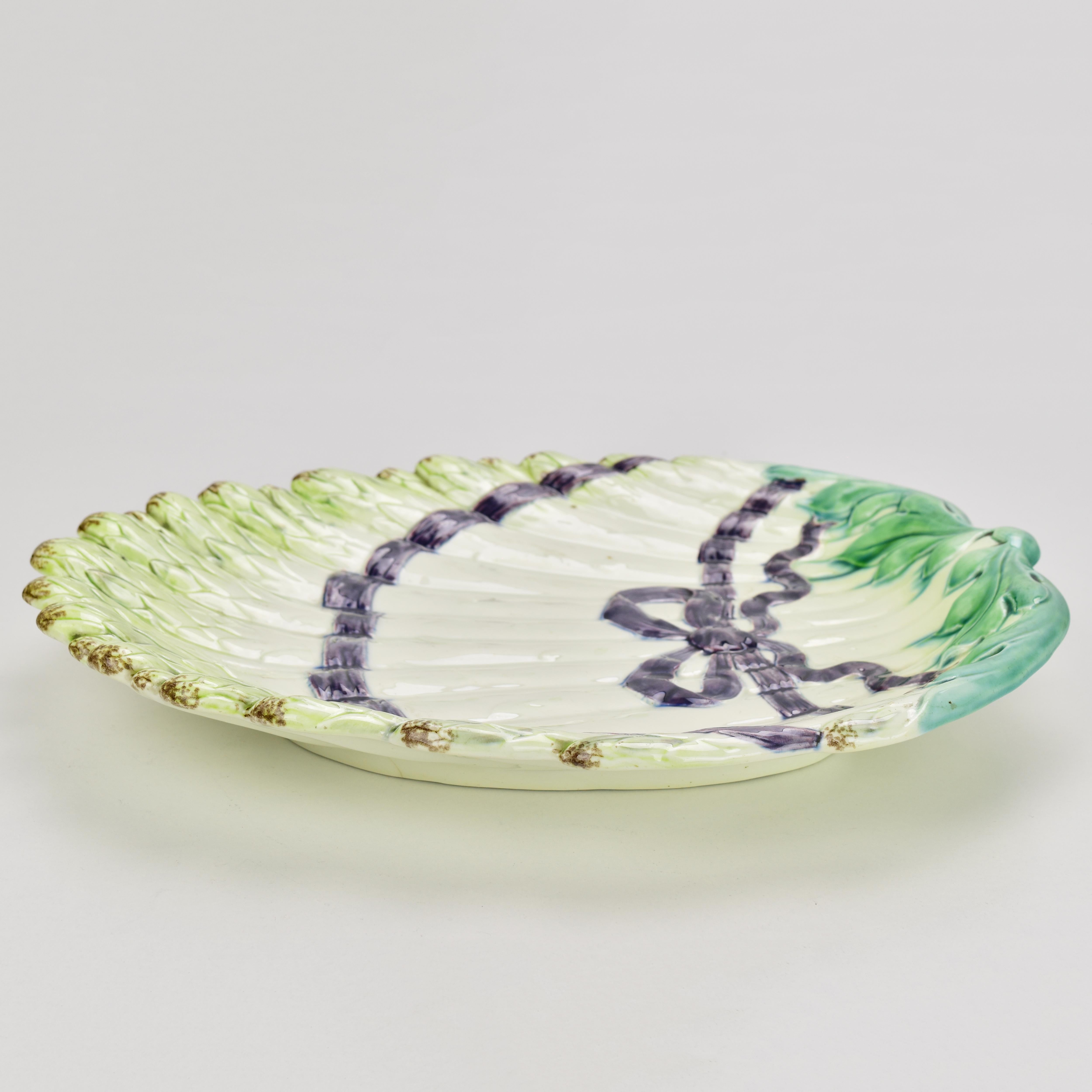 Early 20th Century Asparagus Serving Dish Plate Majolica Art Nouveau Glazed Pottery Ceramic  For Sale