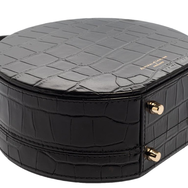 Aspinal Of London Black Croc Embossed Leather Hat Box Shoulder Bag For