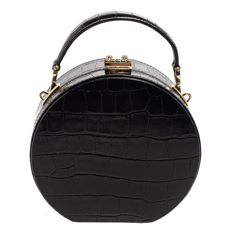 Aspinal London Black Croc Embossed Leather Hat Box Shoulder Bag For Sale at 1stDibs