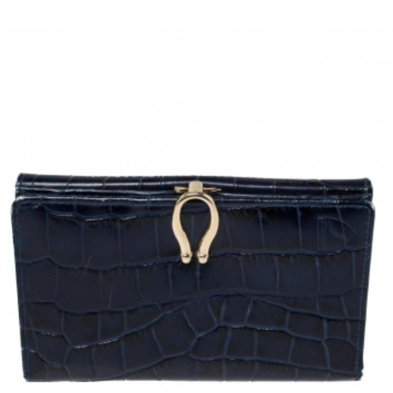 Aspinal of London Blaues Krokodil geprägtes Leder Bifold Wallet im Angebot 4