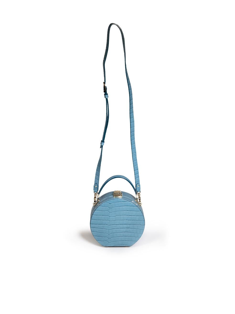 Women's Aspinal of London Blue Leather Hat Box Croc Embossed Top Handle Bag