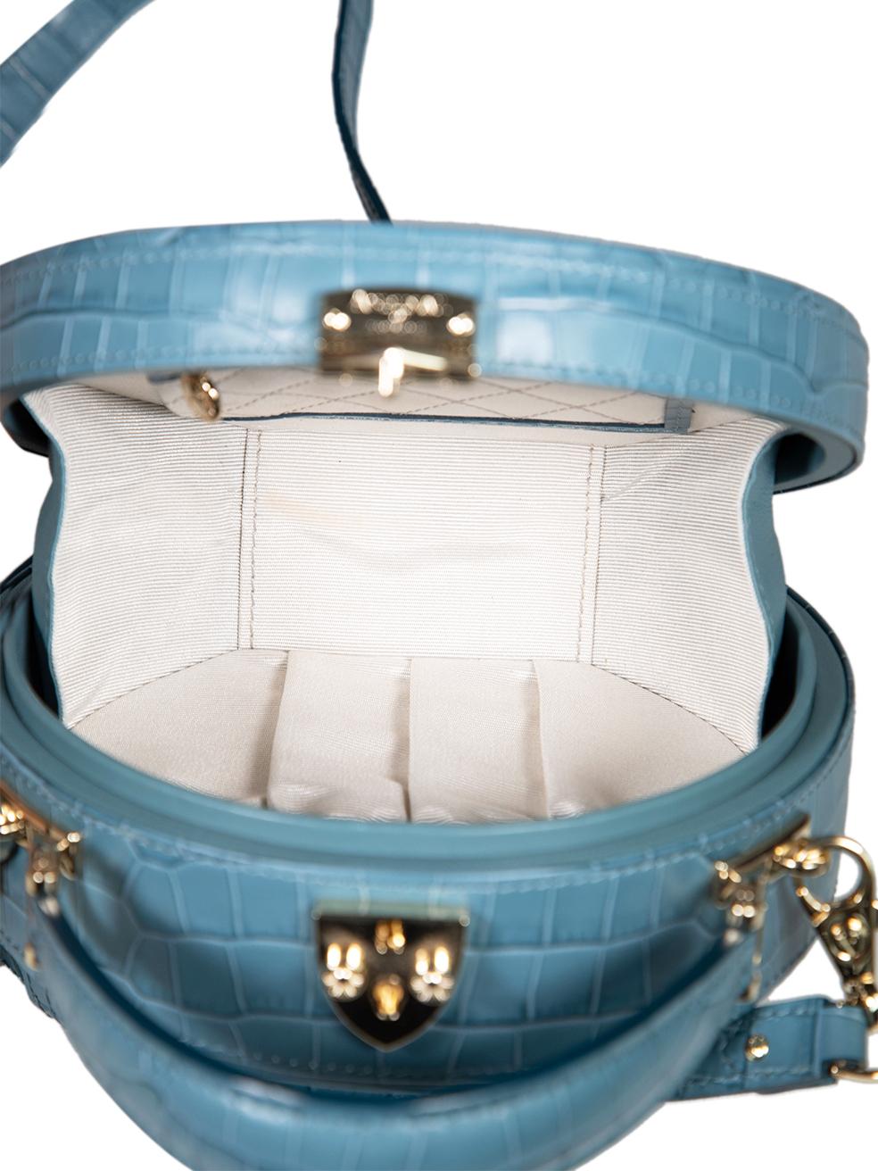 Aspinal of London Blue Leather Hat Box Croc Embossed Top Handle Bag For Sale 2