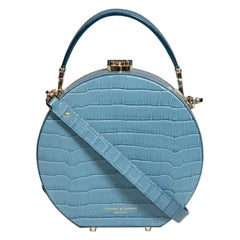 Used Aspinal of London Blue Leather Hat Box Croc Embossed Top Handle Bag