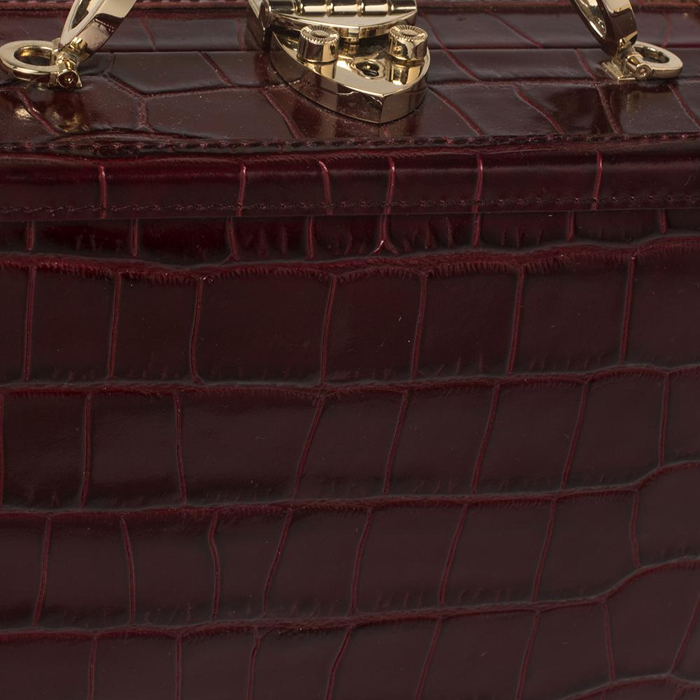 Aspinal Of London Burgundy Croc Embossed Leather Trunk Top Handle Bag In Good Condition In Dubai, Al Qouz 2