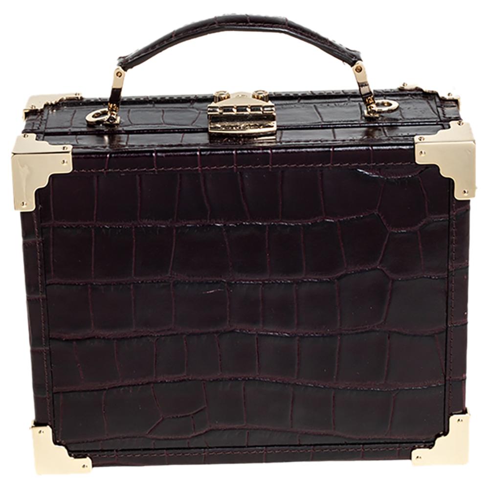 Black Aspinal Of London BurgundyCroc Embossed Leather Trunk Top Handle Bag