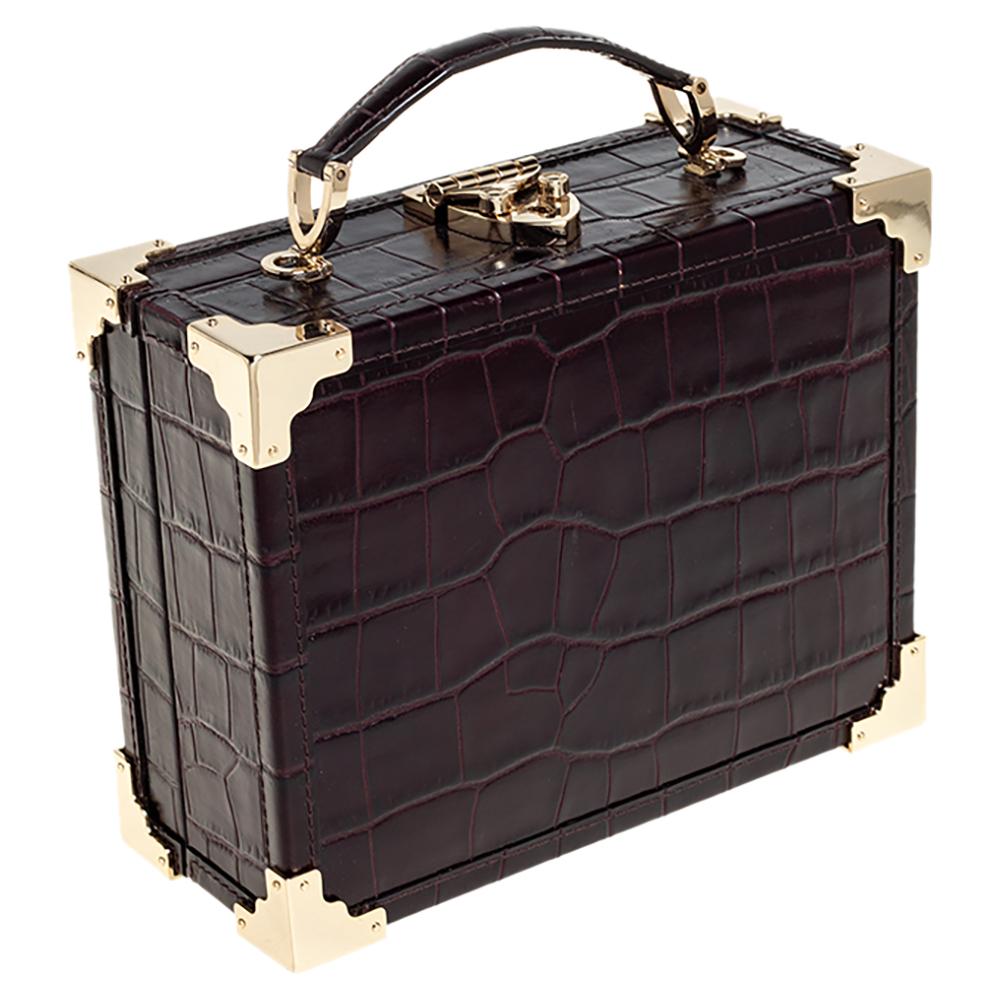 Aspinal Of London BurgundyCroc Embossed Leather Trunk Top Handle Bag In Good Condition In Dubai, Al Qouz 2