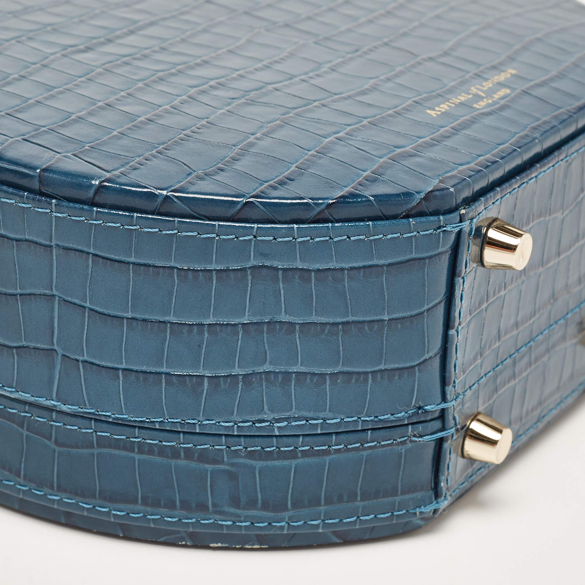 Aspinal Of London Teal Blue Croc Embossed Leather Hat Box Shoulder Bag For Sale 6