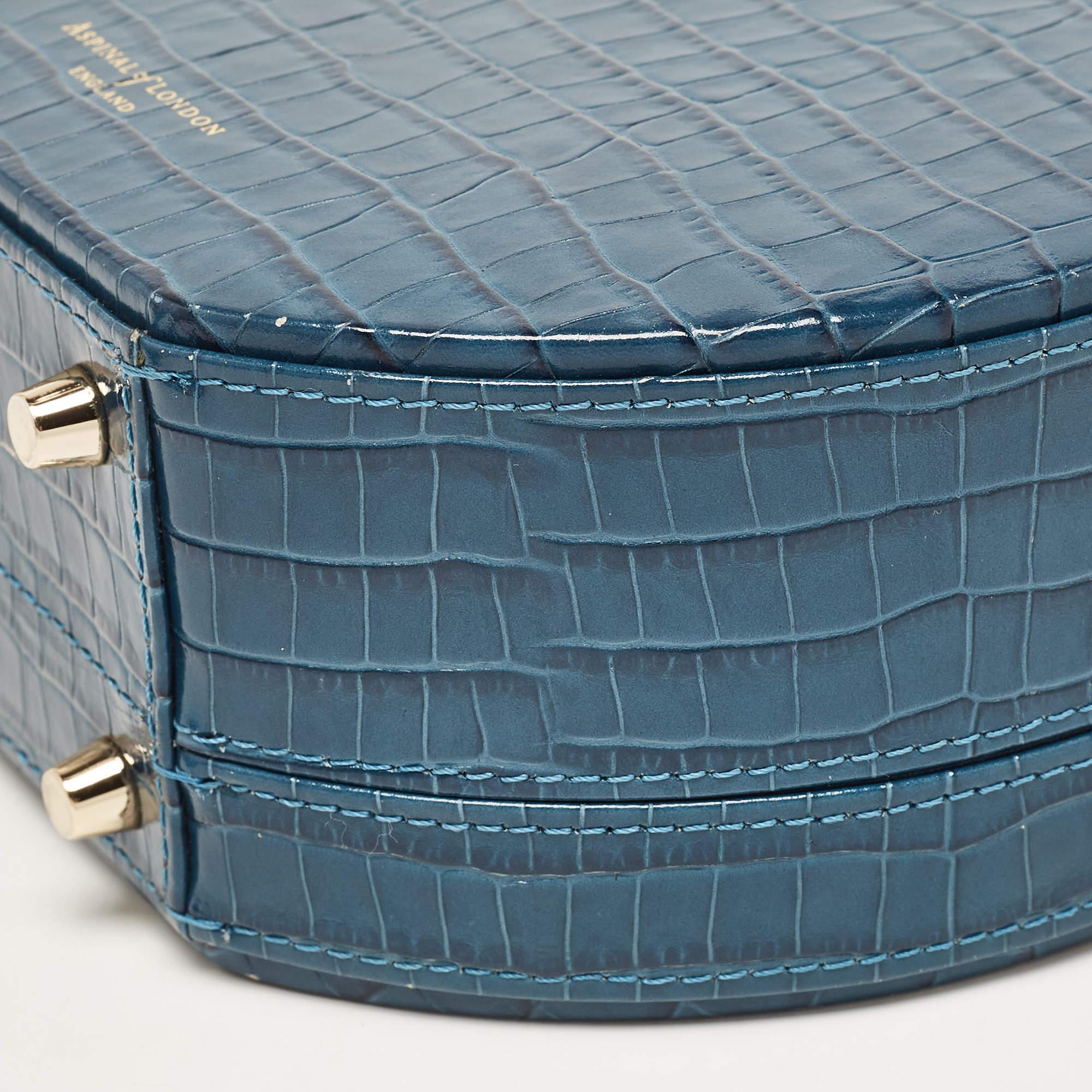 Aspinal Of London Teal Blue Croc Embossed Leather Hat Box Shoulder Bag For Sale 7