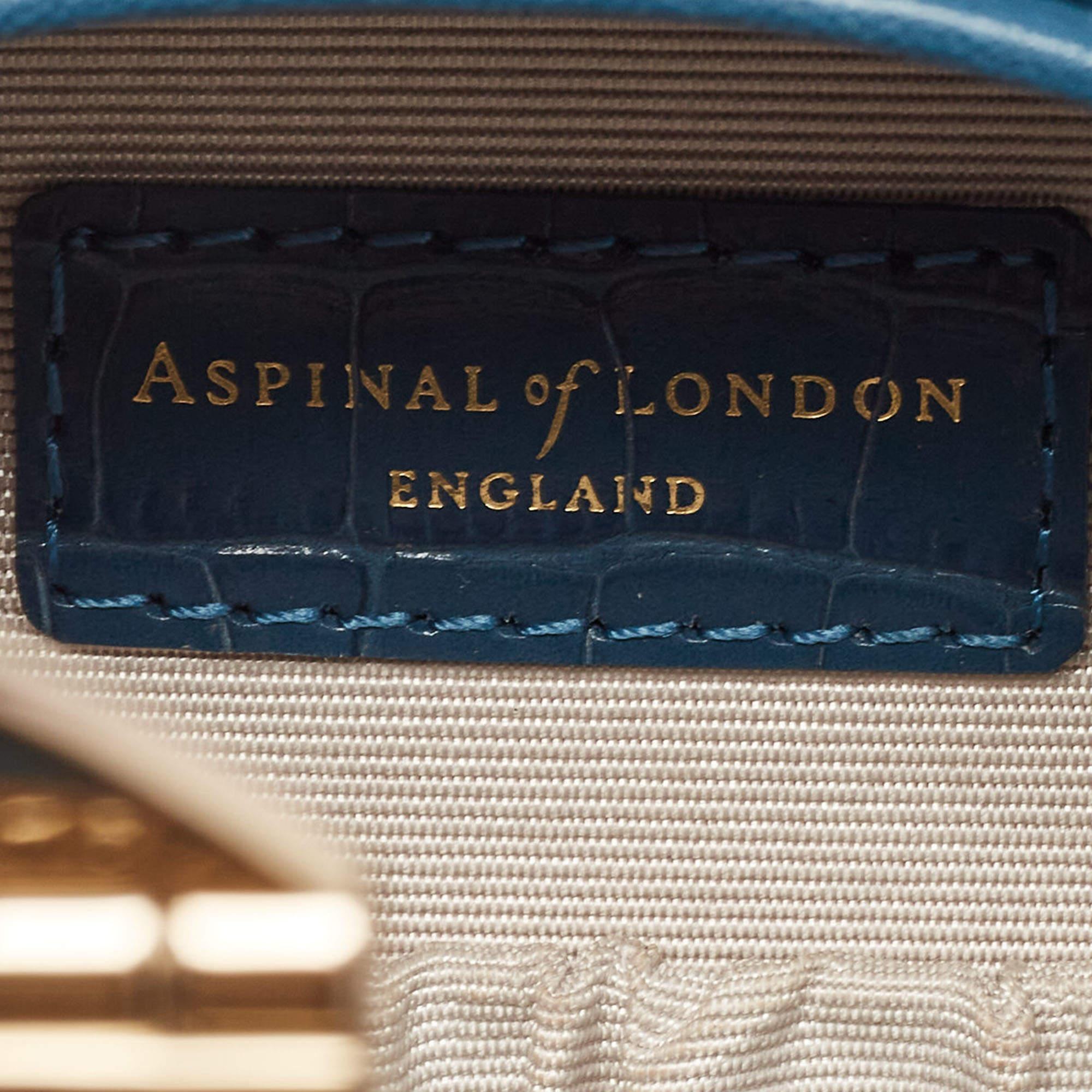 Women's Aspinal Of London Teal Blue Croc Embossed Leather Hat Box Shoulder Bag For Sale