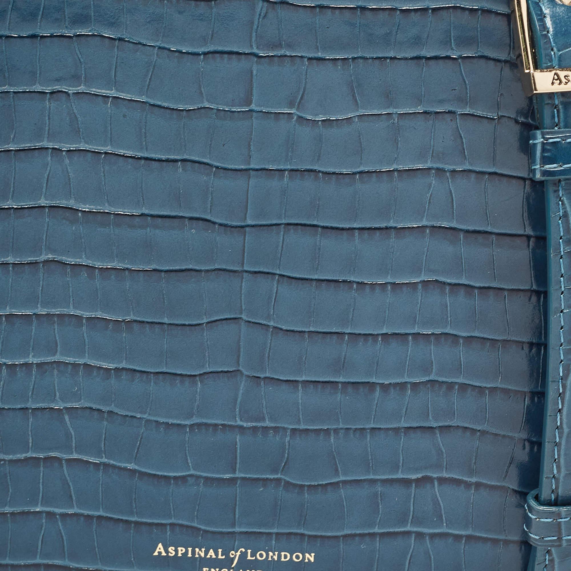Aspinal Of London Teal Blue Croc Embossed Leather Hat Box Shoulder Bag For Sale 3