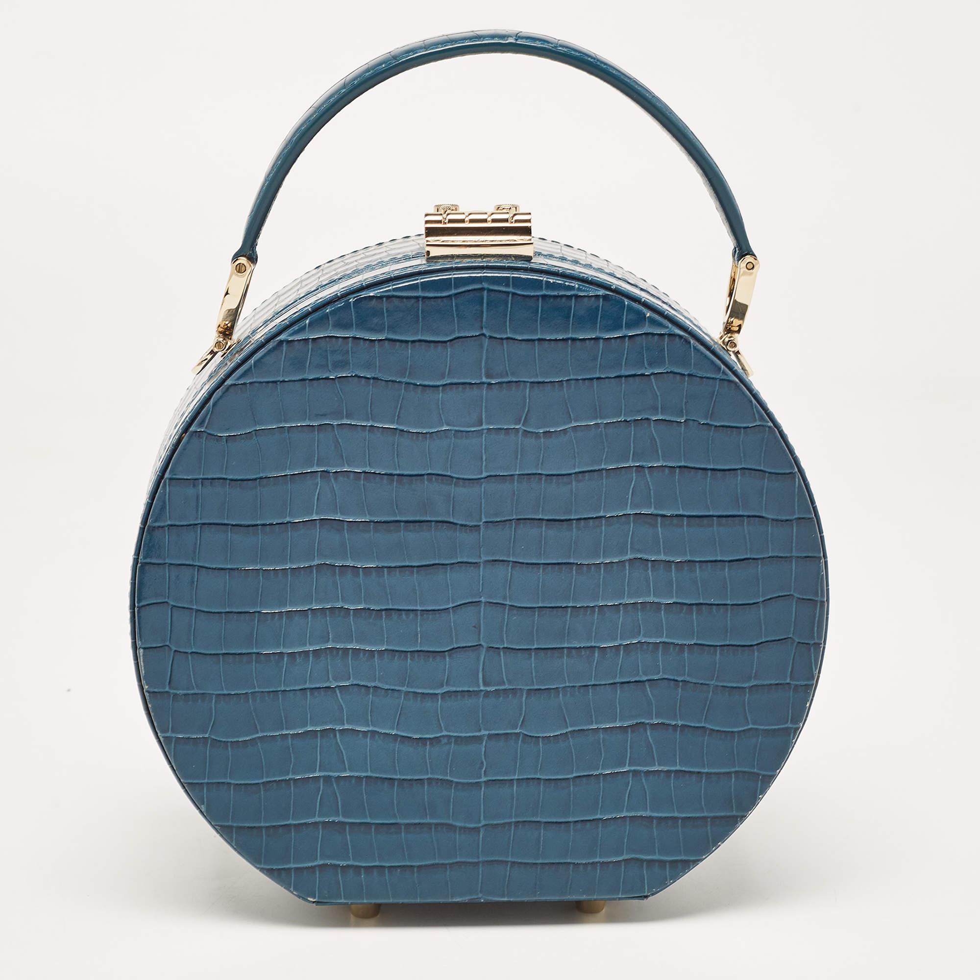 Aspinal Of London Teal Blue Croc Embossed Leather Hat Box Shoulder Bag For Sale 4