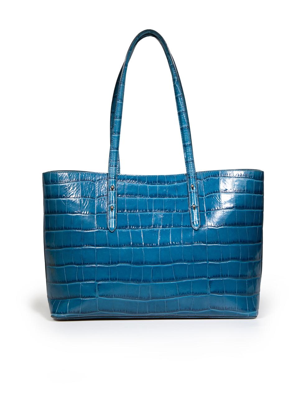 Women's Aspinal of London Teal Leather Croc Embossed Regent Tote For Sale