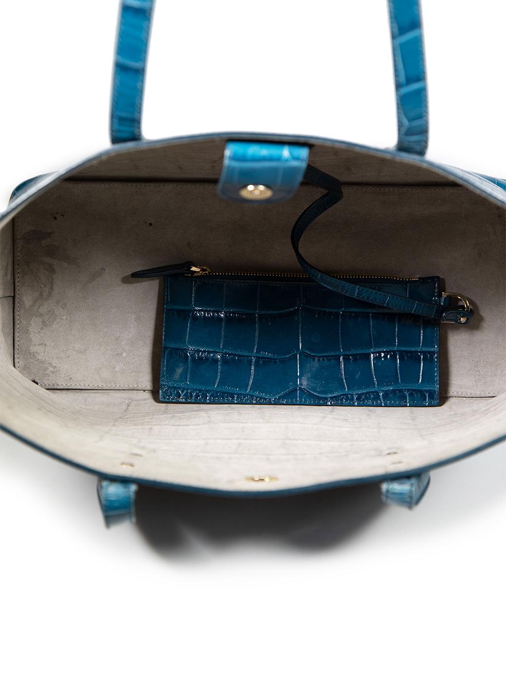 Aspinal of London Teal Leather Croc Embossed Regent Tote For Sale 2