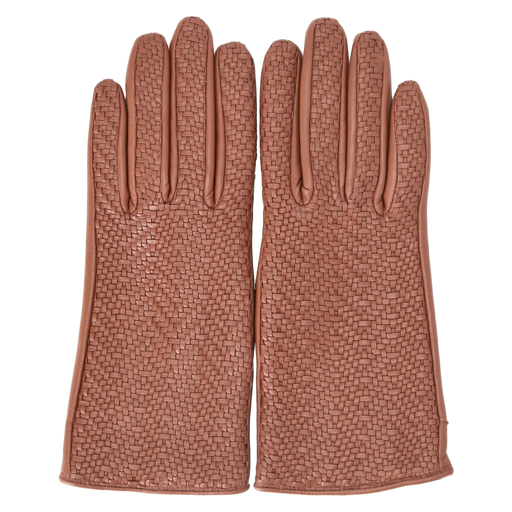 Brown Aspinal Of London Woven Leather Gloves For Sale