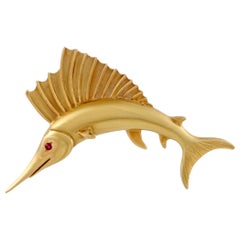 Asprey 18 Karat Yellow Gold 1 Ruby Fish Brooch
