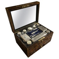 Antique Asprey 1862 Silver, Calamander and Mahogany Jewelry Dressing Vanity Box Case