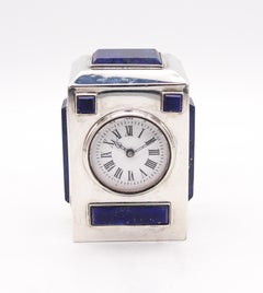 Asprey 1895 London Desk Travel Clock in .925 Sterling Silver with Lapis Lazuli