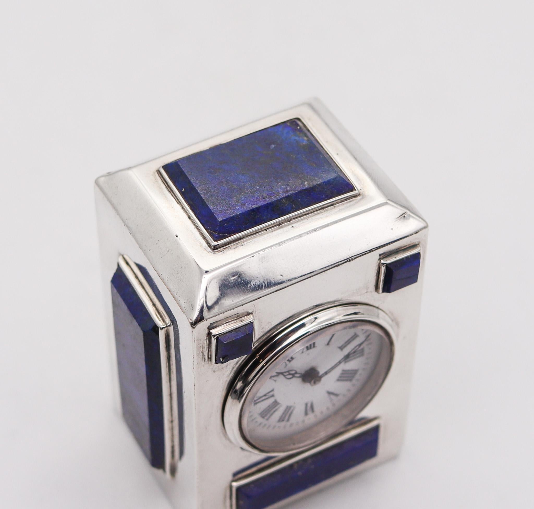 English Asprey 1895 London Desk Travel Clock in .925 Sterling Silver with Lapis Lazuli For Sale