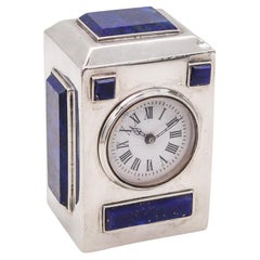 Used Asprey 1895 London Desk Travel Clock in .925 Sterling Silver with Lapis Lazuli